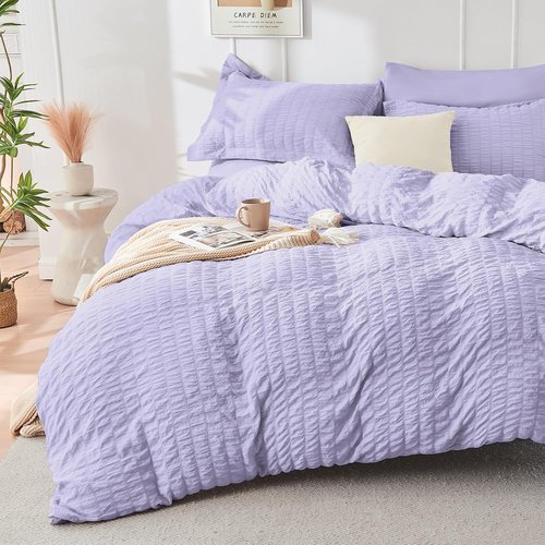 HYMOKEGE Queen Comforter Set - Light Purple Seersucker 7-Piece Luxury Bedding Set for All Seasons