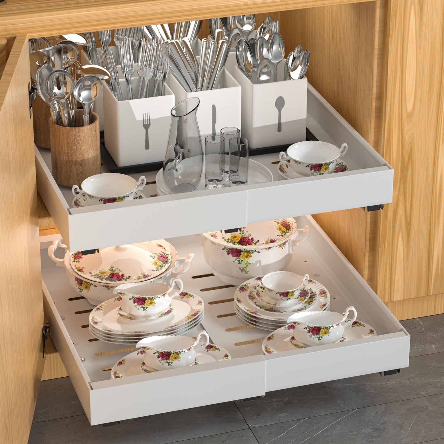 DEKAVA 2 Pack Pull Out Cabinet Organizer Expandable, Adhesive with Nano Film, Pull Out Drawers for Cabinets in Kitchen, Pantry or Bathroom (White, 21"DEEPX[12"-20'']Width-2PACK)
