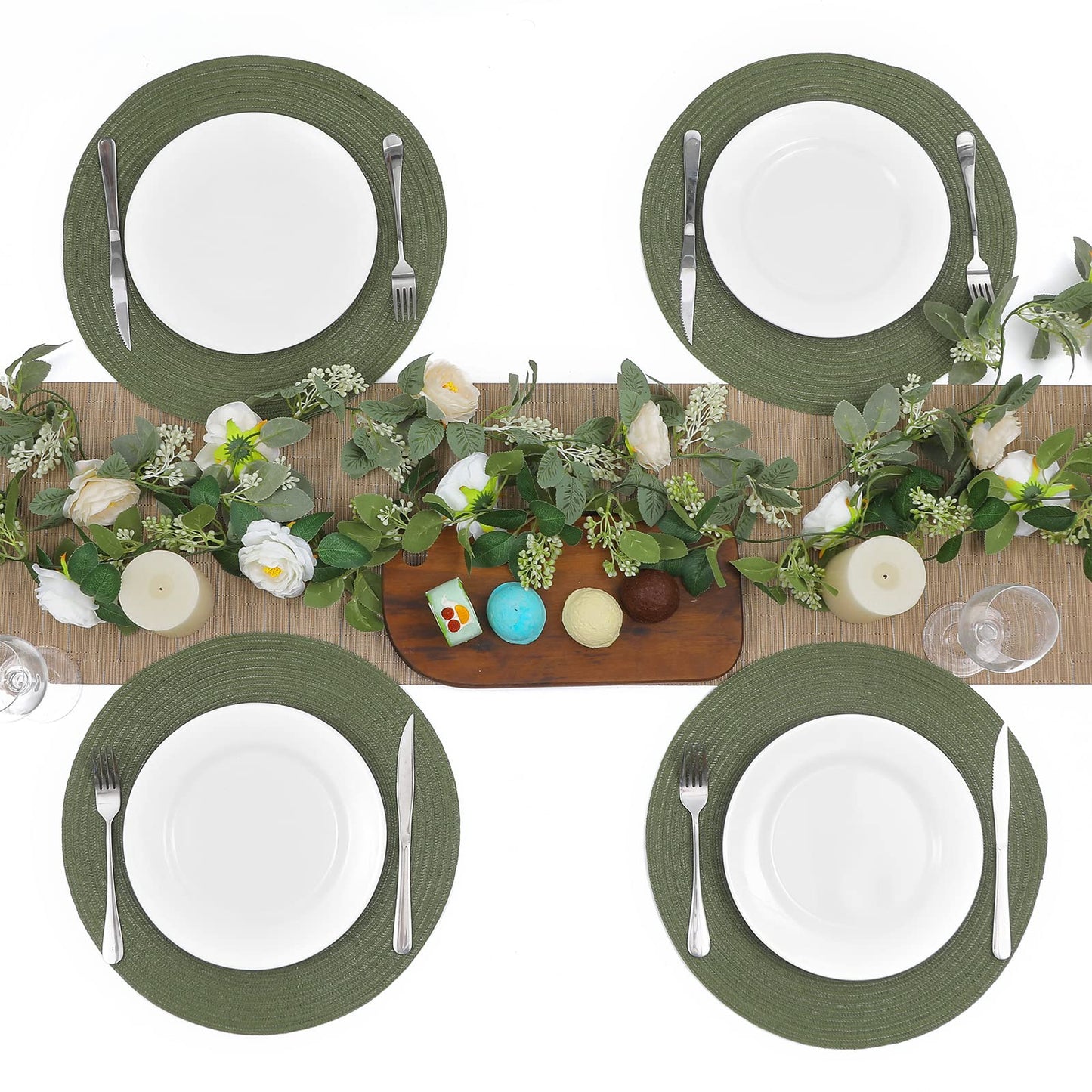 SHACOS Round Placemats Set of 8 Washable 15 inch Round Table Mats Cotton Polyester Woven Braided Place Mats for Dining Table Wedding Party Decor (Olive Green, 8)