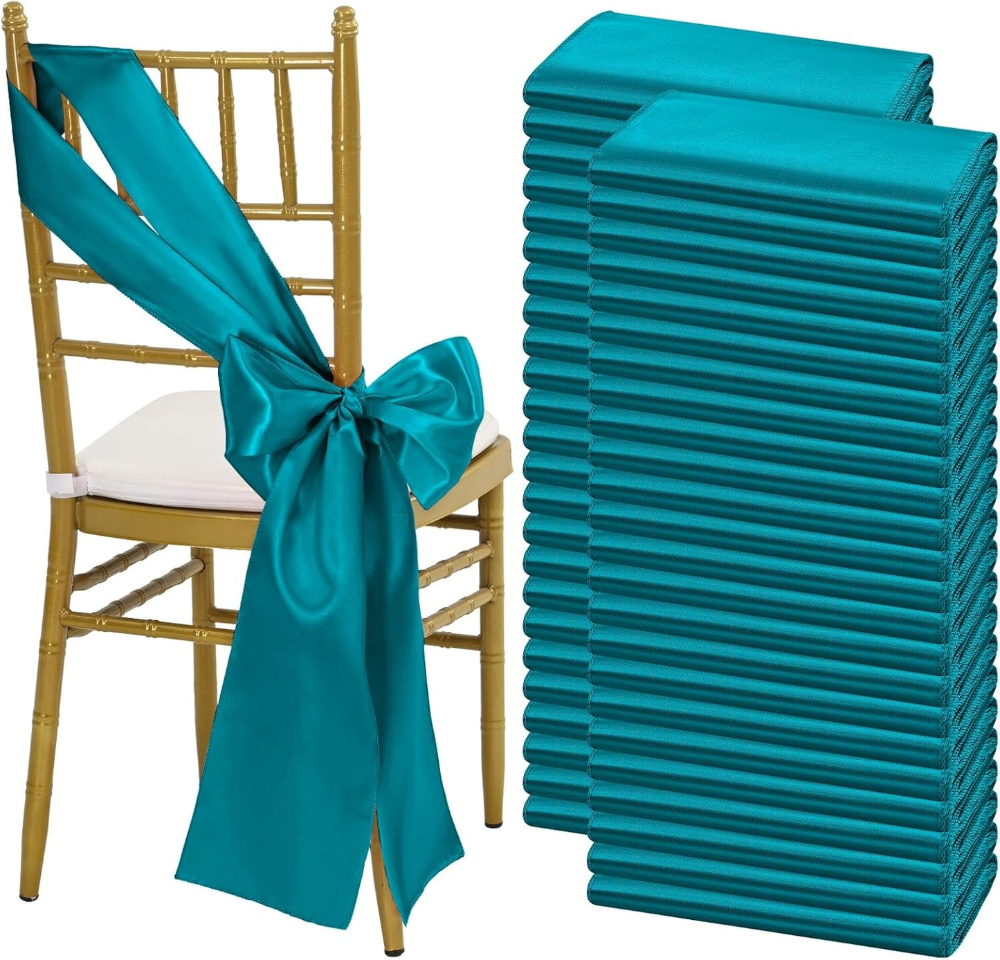 Skiennix 100 PCS Satin Chair Sashes - Turquoise Decorative Ribbon Ties for Weddings & Events | 7 x 108 Inch