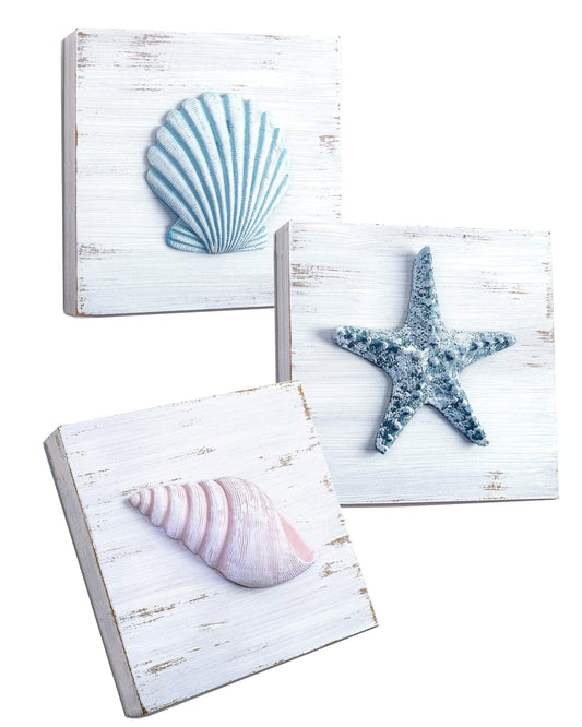 TideAndTales 3D Beach Wall Art - Seashell with Starfish for Coastal Bathroom Decor, Ocean Inspired Decor for Bathroom, Coastal Bedroom, Living Room or Beach House, Set of 3 (6”x 6”)