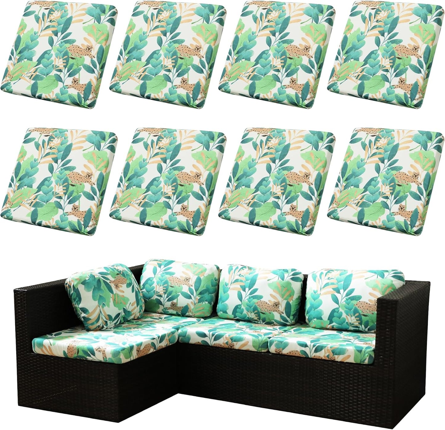 BIETYONE 8-Piece Stretch Patio Cushion Covers - Washable Outdoor Sofa Slipcovers in Leopard Print