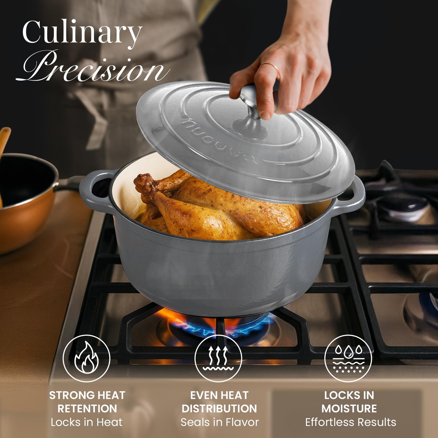 Nuovva Enamelled Cast Iron Dutch Oven Pot with Lid – 6.4 Quart Non Stick Casserole Pot – Heavy Duty & Oven Safe up to 500° F for Bread Baking, Braising, Stews, Roasting – 28cm Grey