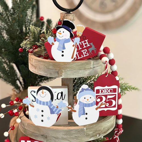 Cochie Snowman Christmas Decorations - Cute Winter Tiered Tray Decor Set of 3 for Home & Office
