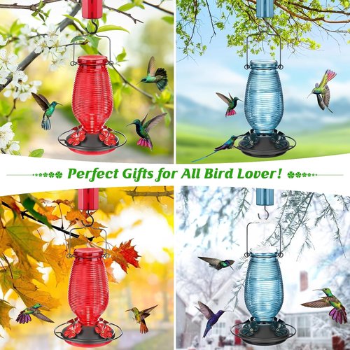 FEED GARDEN Glass Hummingbird Feeder - 20 OZ Capacity with 4 Bee Guard Ports & Ant Moat | Blue, 1 Pack