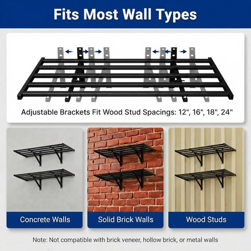 FLEXIMOUNTS Heavy-Duty Garage Wall Shelving - 2x4ft Wall-Mounted Storage with 8 Hooks, 400lbs Capacity