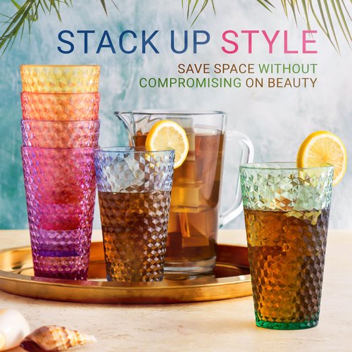 Bravario Laguna Plastic Drinking Glasses, Premium Quality Durable BPA-Free Water Tumblers, Dishwasher-Safe, Stackable Cups in Assorted Colors, 18 oz Set of 6