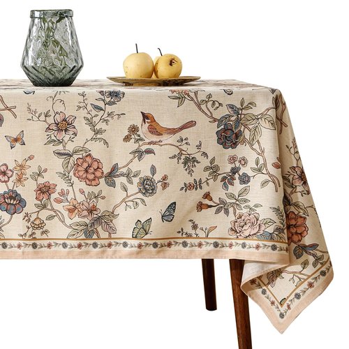ISAENNE Designer French Light Beige Extra Long Rectangle Tablecloth, Linen Florals and Birds Pattern, Durable Decorative for Dining Thanksgiving Kitchen, 67"x118", Cornucopia
