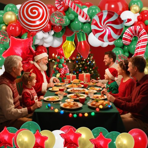 JANEF 135pcs Christmas Balloon Garland Arch Kit with Foil Candy Stars Cane Gift Box Balloons for Christmas Holiday Birthday Xmas Supplies Party Decoration