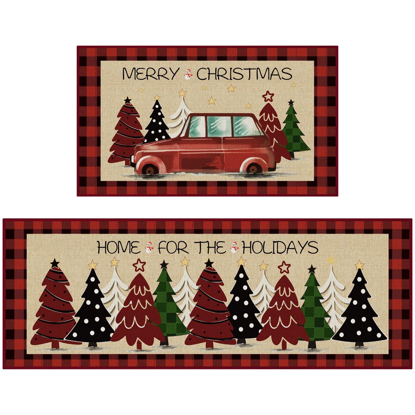StepRite Kitchen Mats for Floor, 2 PCS Christmas Kitchen Rugs, Non-Slip Bottom with Christmas Tree Print, Low-Profile Mat for Home, Office, Sink, Kitchen,Hallway,Holiday Decor(17”x30”+17”x47”-Red)
