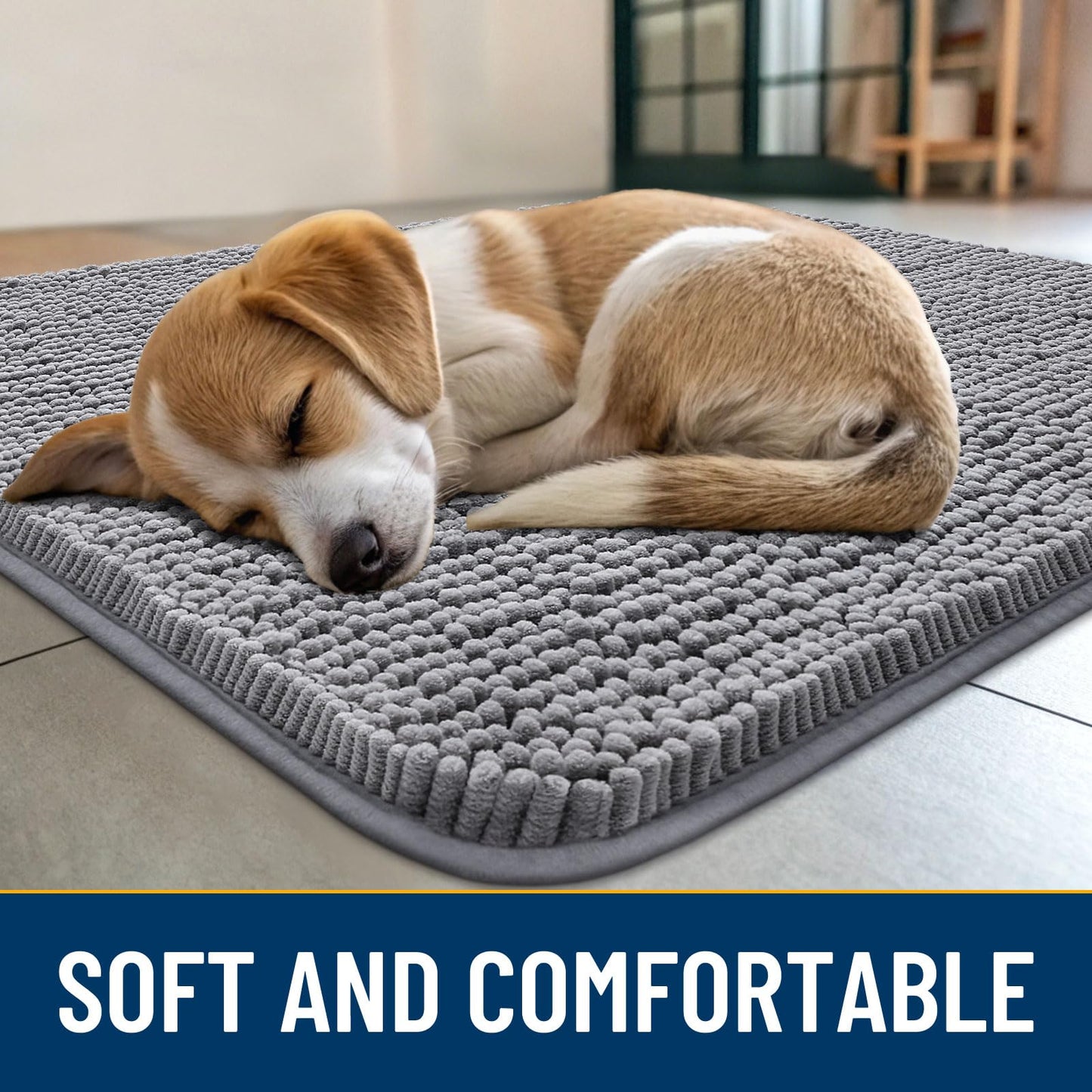 Smiry Dog Door Mat for Muddy Paws 44x32, Absorbent Dirt Trapper, Non-Slip Washable Chenille Entryway Rug for Inside Floor, Grey, Classic Solid