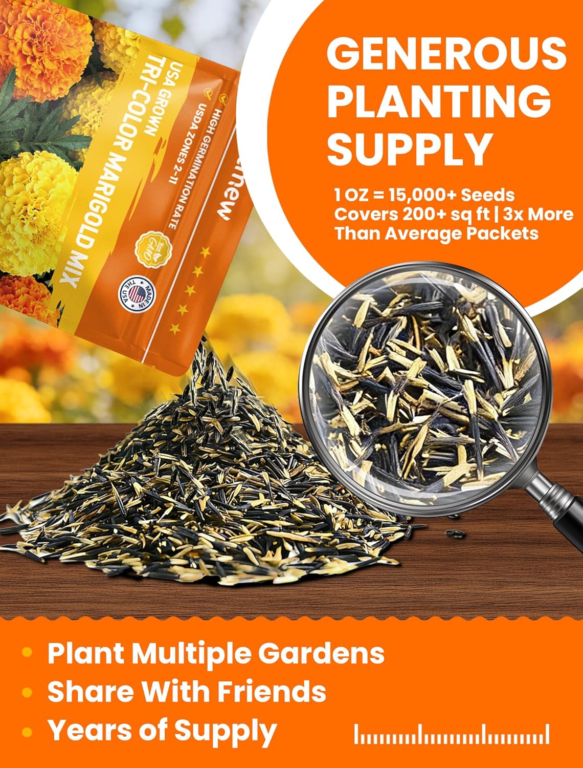 Tri-Color Marigold Seeds - 15,000+ Heirloom French Non-GMO Seeds | High Germination for Outdoor Gardens