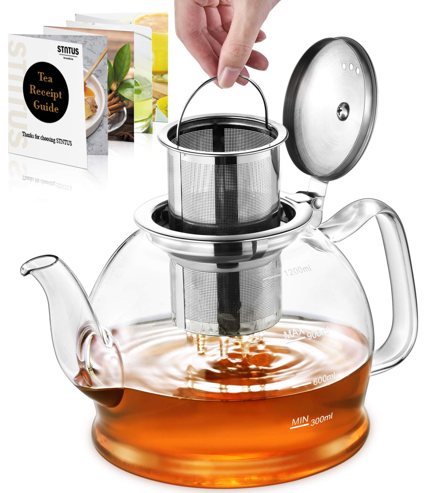 STNTUS Glass Teapot, 40 oz. / 1200 ml for Loose Tea, With Infuser and Stainless Steel Strainer, Stovetop Safe, 4-6 Cups