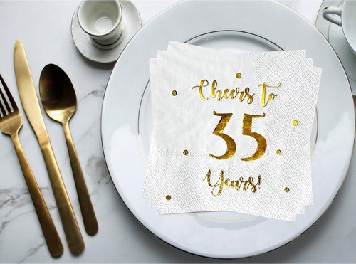 Cheers to 35 Years Cocktail Napkins | Happy 35th Birthday Decorations for Men and Women and Wedding Anniversary Party Decorations | 50-Pack 3-Ply Napkins | 5 x 5 inch folded (White)
