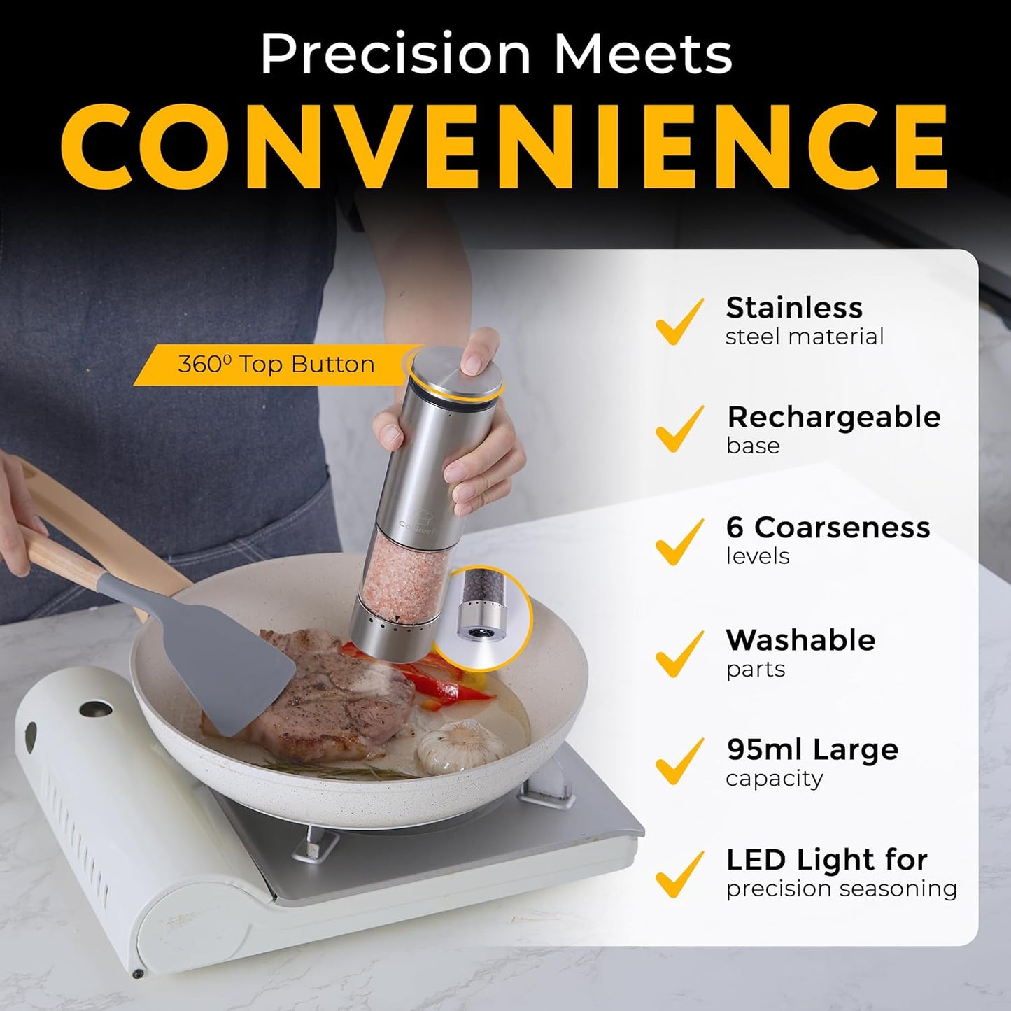 Skiennix Electric Salt and Pepper Grinder Set - Rechargeable, Stainless Steel, LED Light, 95ml Capacity