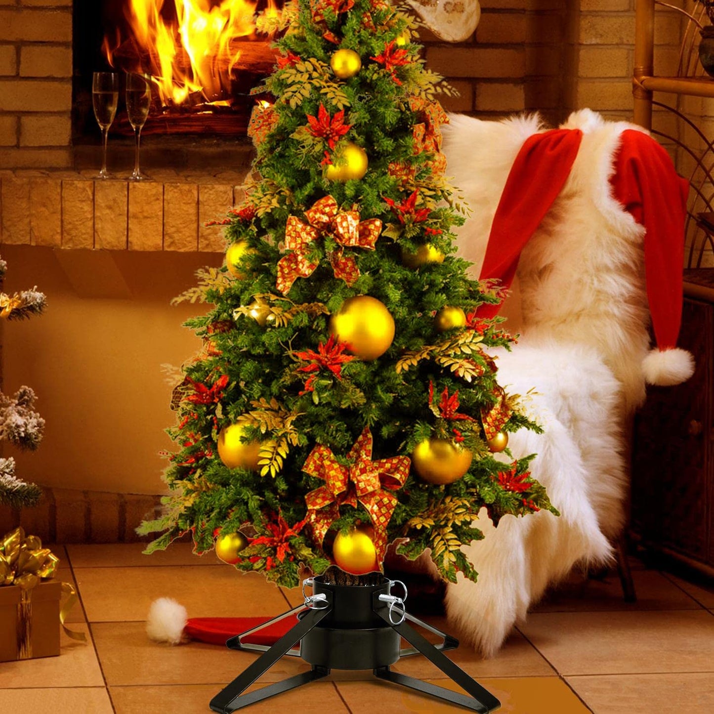 Christmas Tree Stand for Live Tree, Adjustable Metal Tree Holder for Real Christmas Tree Fits up to 8 Ft, Heavy Duty Christmas Tree Stand Base for Xmas Tree Decoration 1.38 to 3.3 inch Trunk Diameter