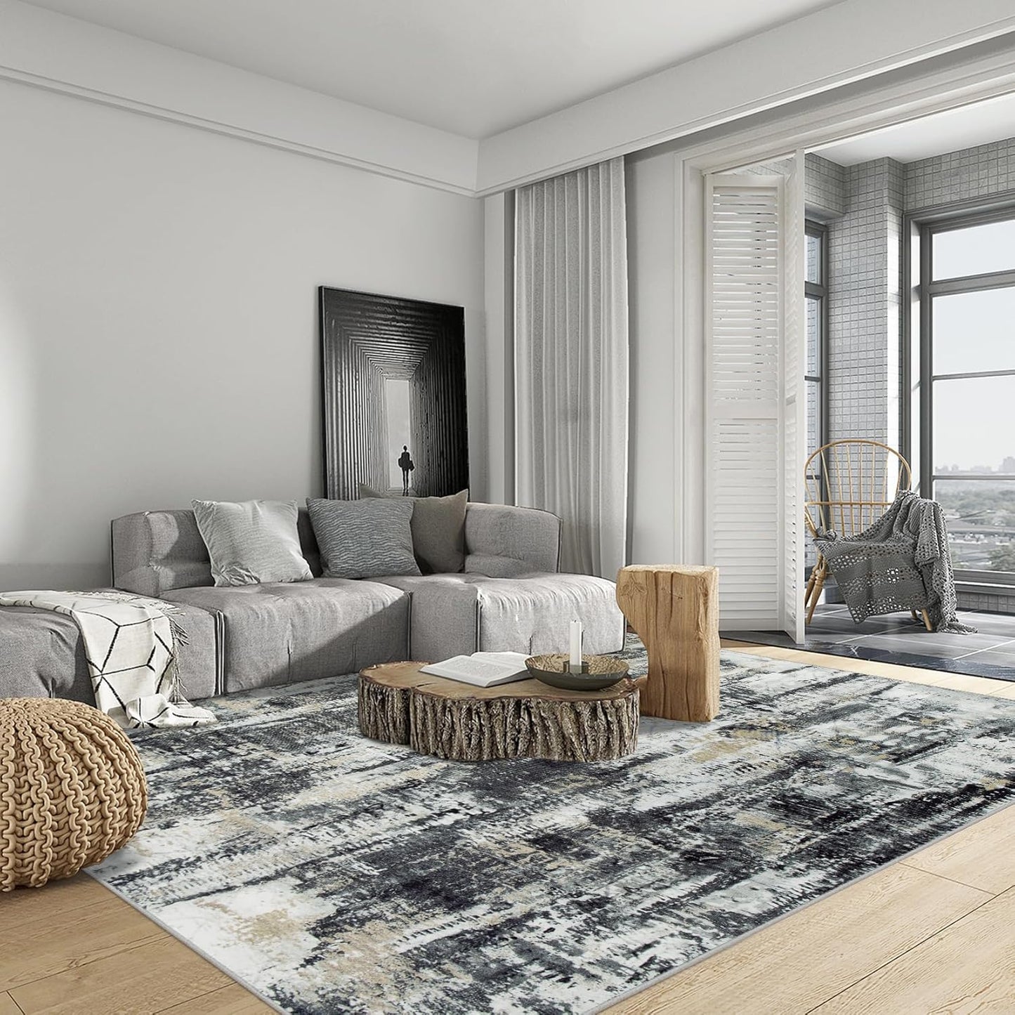 Skiennix 8x10 Area Rug - Washable Modern Abstract Design | Soft Anti-Skid Carpet in Black, Grey & Gold