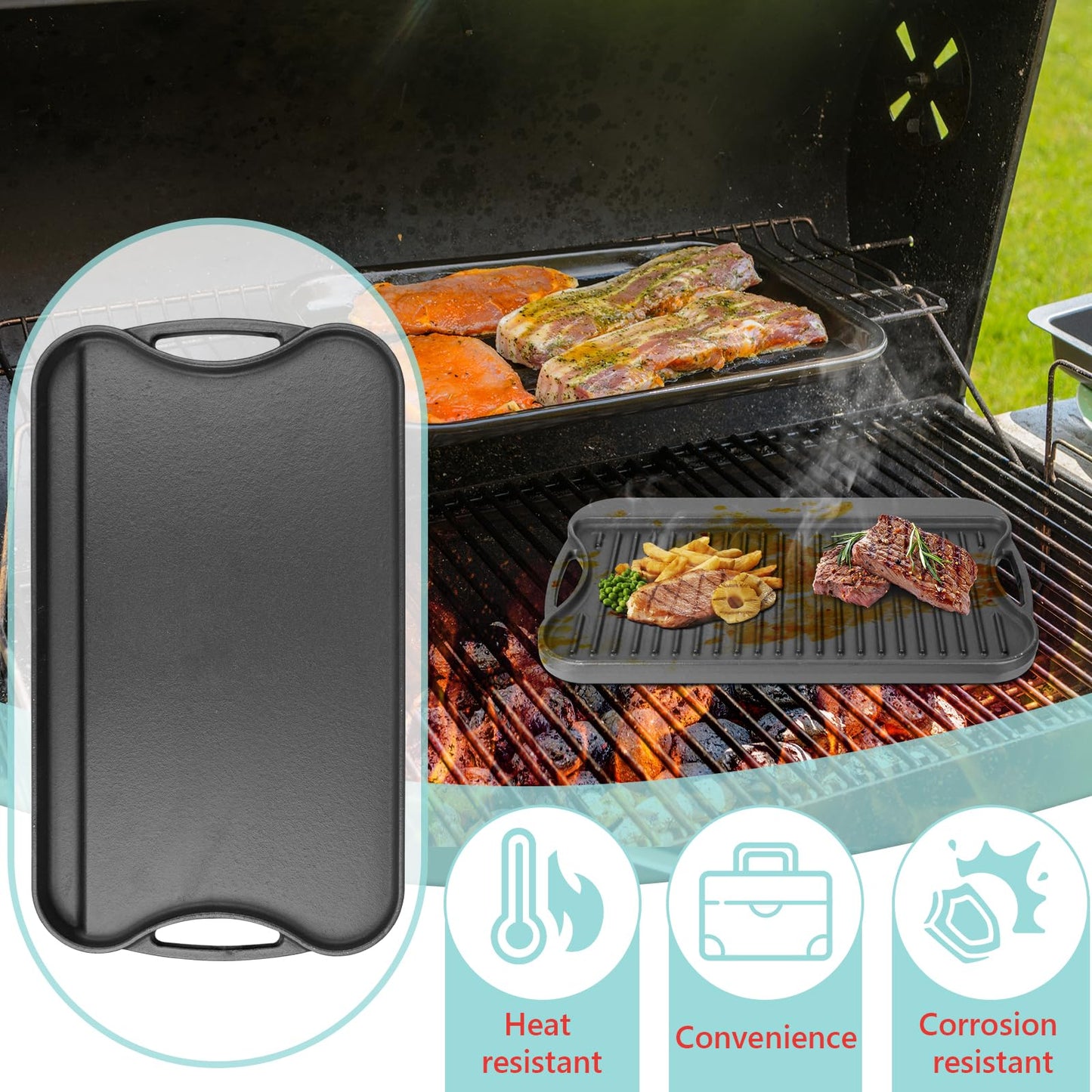 WEBROIL 2 in 1 Reversible Cast Iron Griddle for Gas Grill, Flat Top Grill Pan for Gas Stove, Pre-Seasoned Oven Top pan,Upgrade Double Burner Griddle for Indoor & Outdoor Cooking Accessories, 17" X 10"