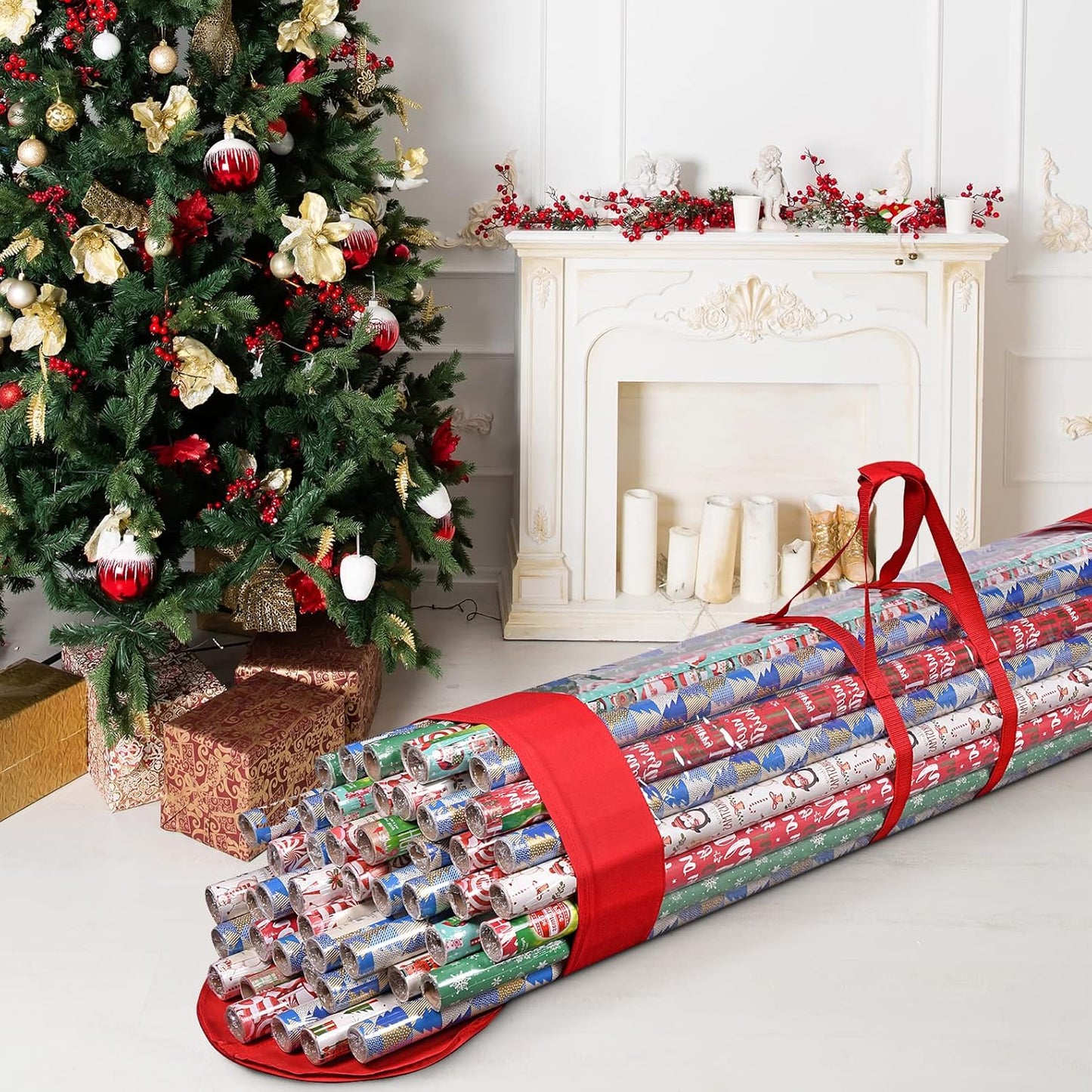ProPik Gift Wrap Organizer - Heavy-Duty Wrapping Paper Storage Bag Holds 24 Rolls | 40-Inch Red & Clear
