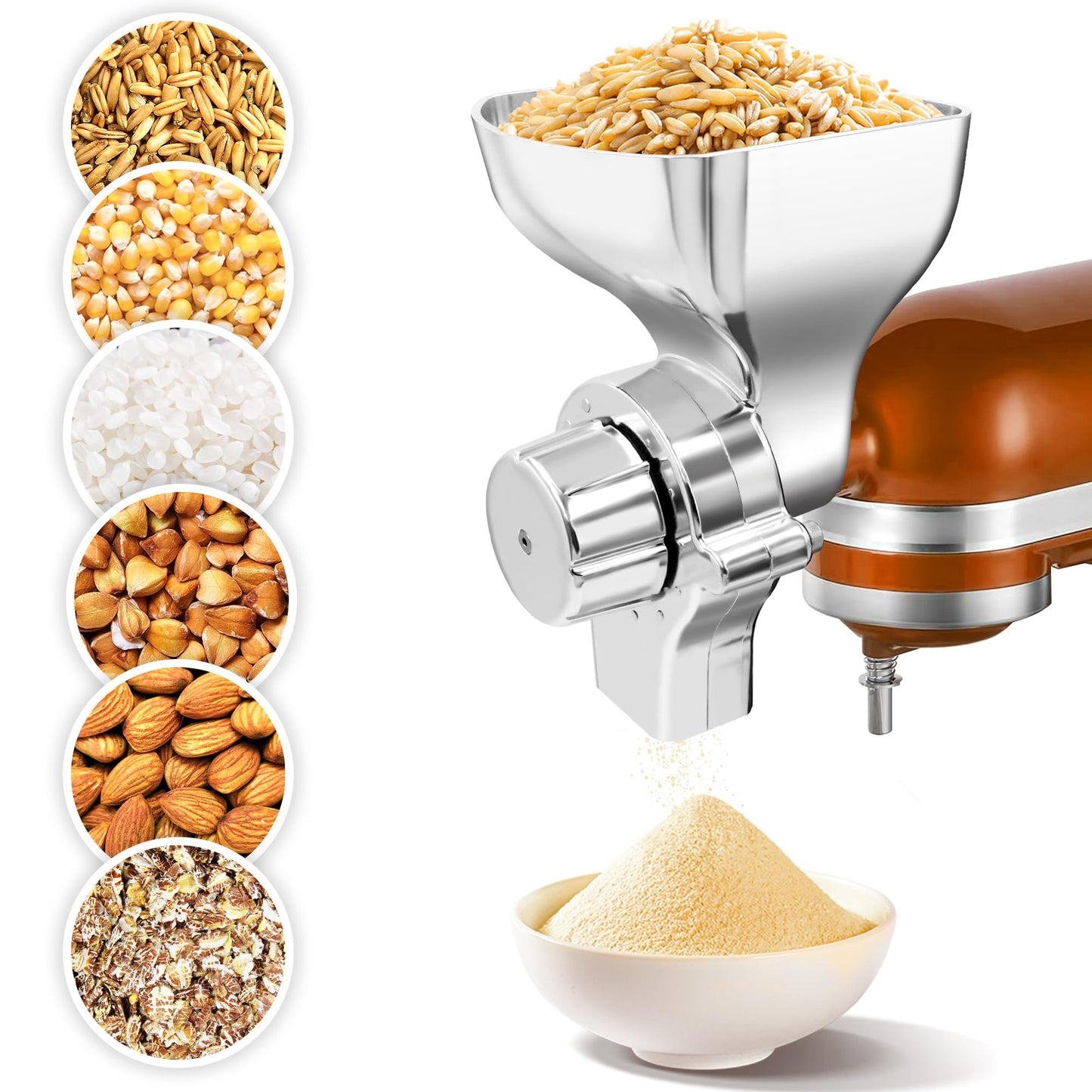 Premium All-Metal Grain Mill Attachment for KitchenAid Stand Mixers, 12-Level Adjustable Flour Mill Grinder for Wheat, Oats, Corn, Rice, Non-Oily Dry Grains - Includes Cleaning Brush