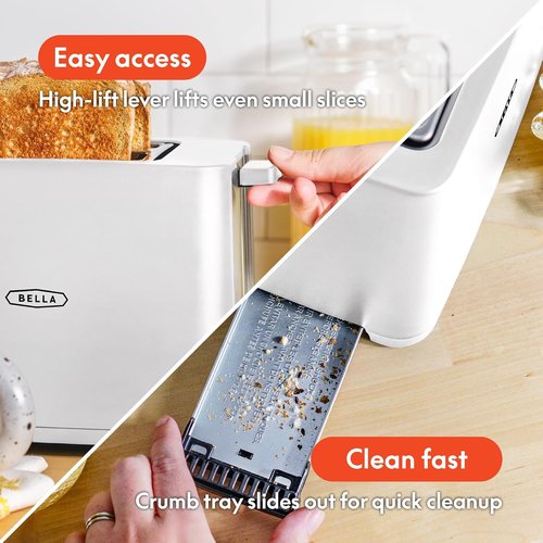 Bella 2 Slice Toaster - Extra Wide Slots, Auto Shut Off & Removable Crumb Tray | White Finish