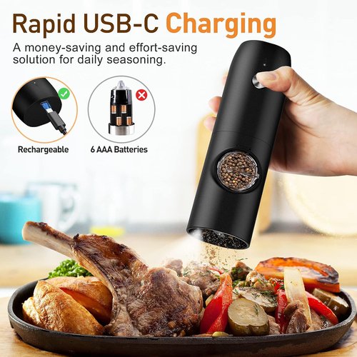 Electric Salt and Pepper Grinder Set - USB Rechargeable Automatic Mill with Adjustable Coarseness | One-Hand Operation & LED Light - 2 Pack