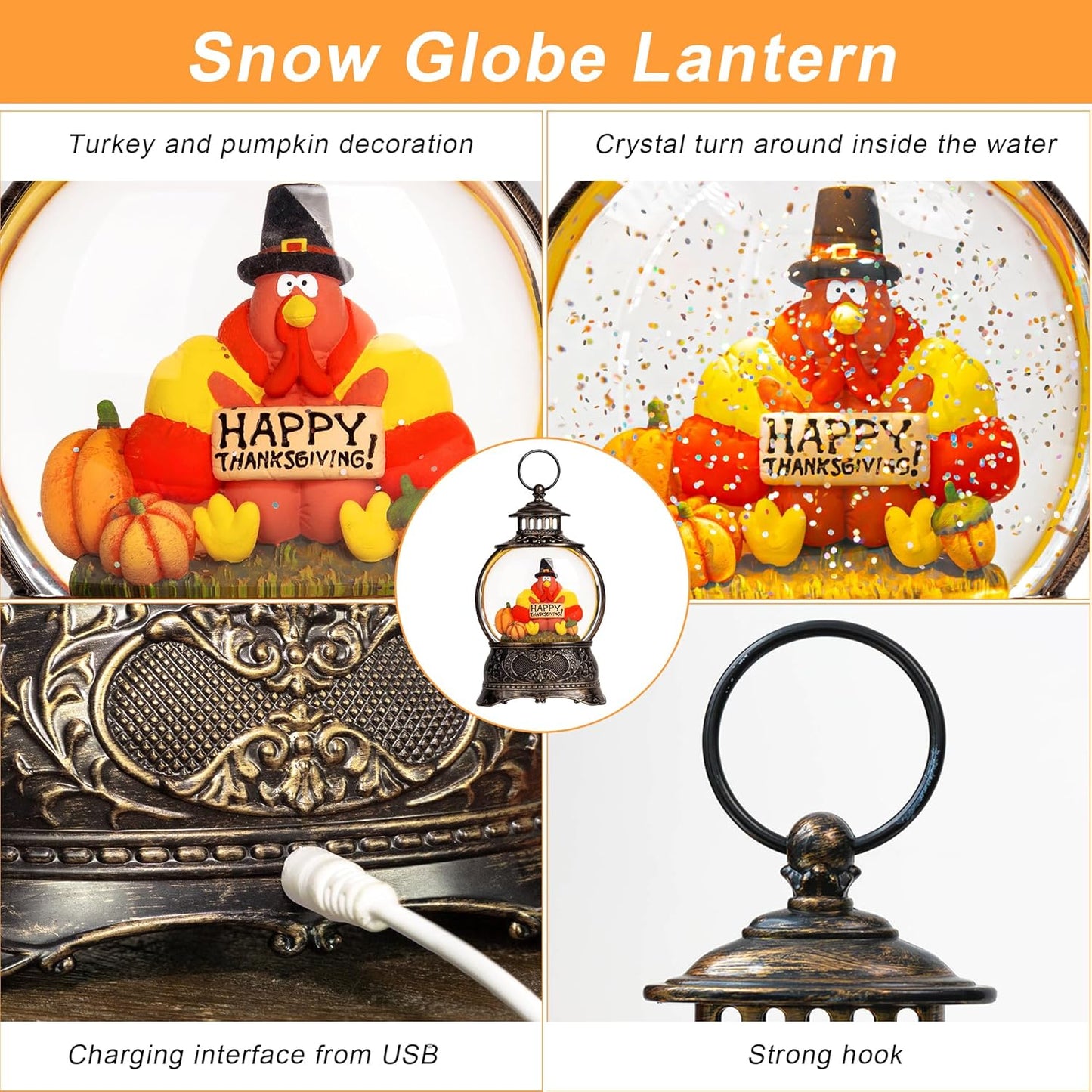 Skiennix Snow Globe | Thanksgiving Water Lantern with Swirling Glitter - Autumn Harvest Decor (Turkey & Pumpkins)