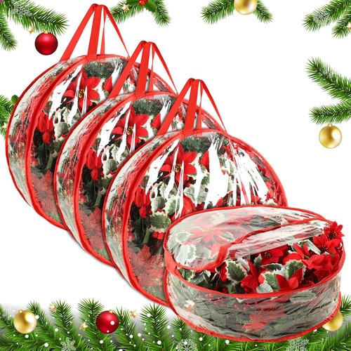 4 Pcs Christmas Wreath Storage Bag - 24 Inch Waterproof PVC Container with Clear Red Edging & Handles