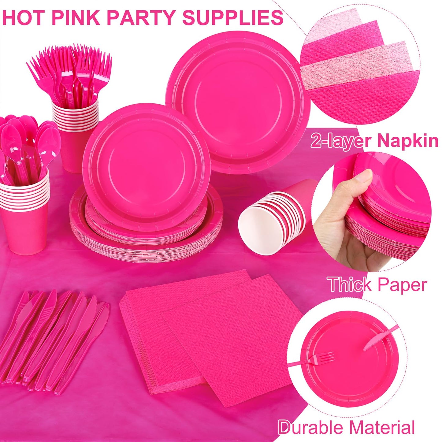 Kochorie 169 Pieces Hot Pink Party Supplies Disposable Dinnerware Set Include Plates and Cups Napkins Plastic Forks Knives Spoons Tablecloth for Wedding Birthday Party Decorations, Serve 24 Guests