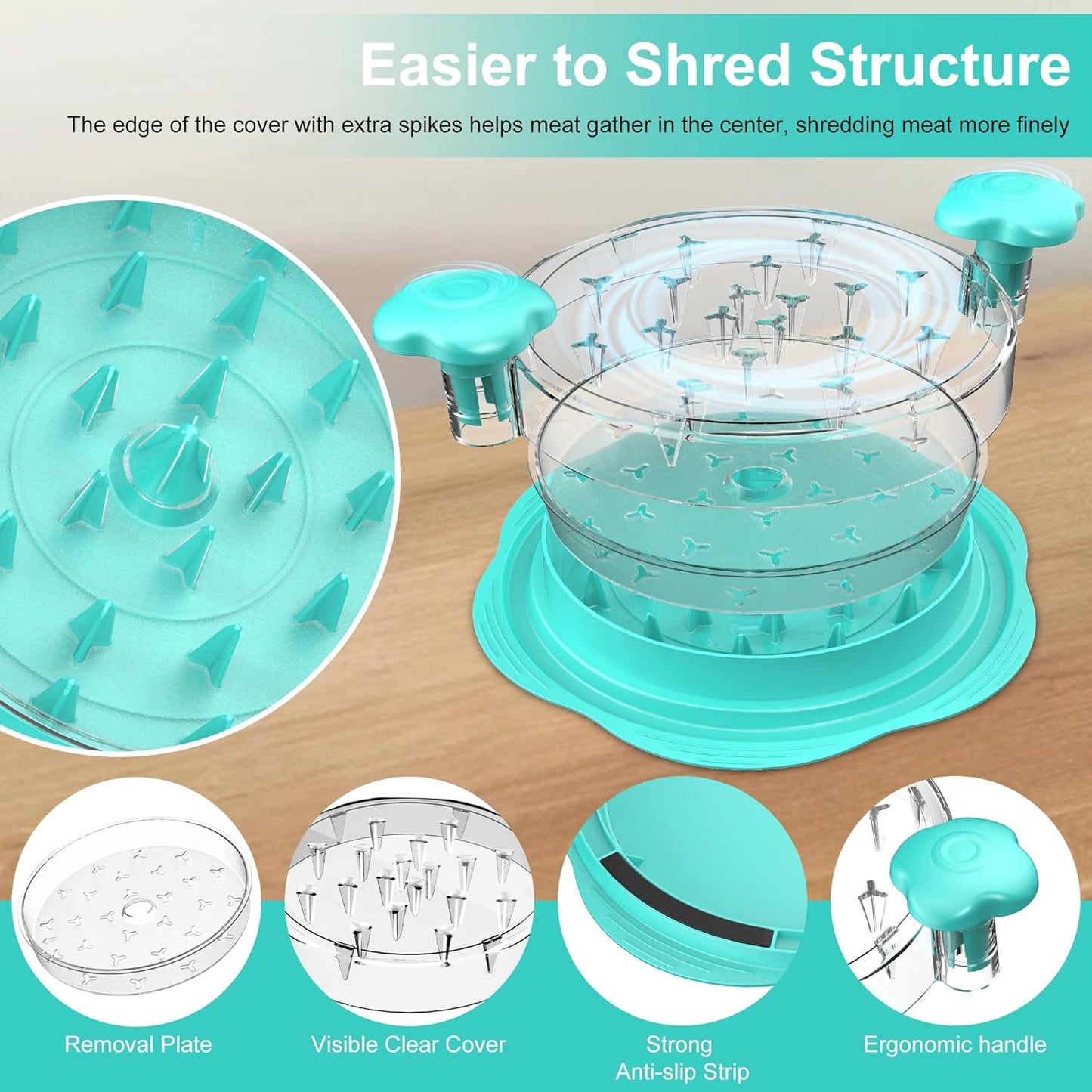 Skiennix Chicken Shredder - Manual Meat Shredder Tool with Transparent Lid & Cleaning Brush | Dishwasher Safe, Mint Green