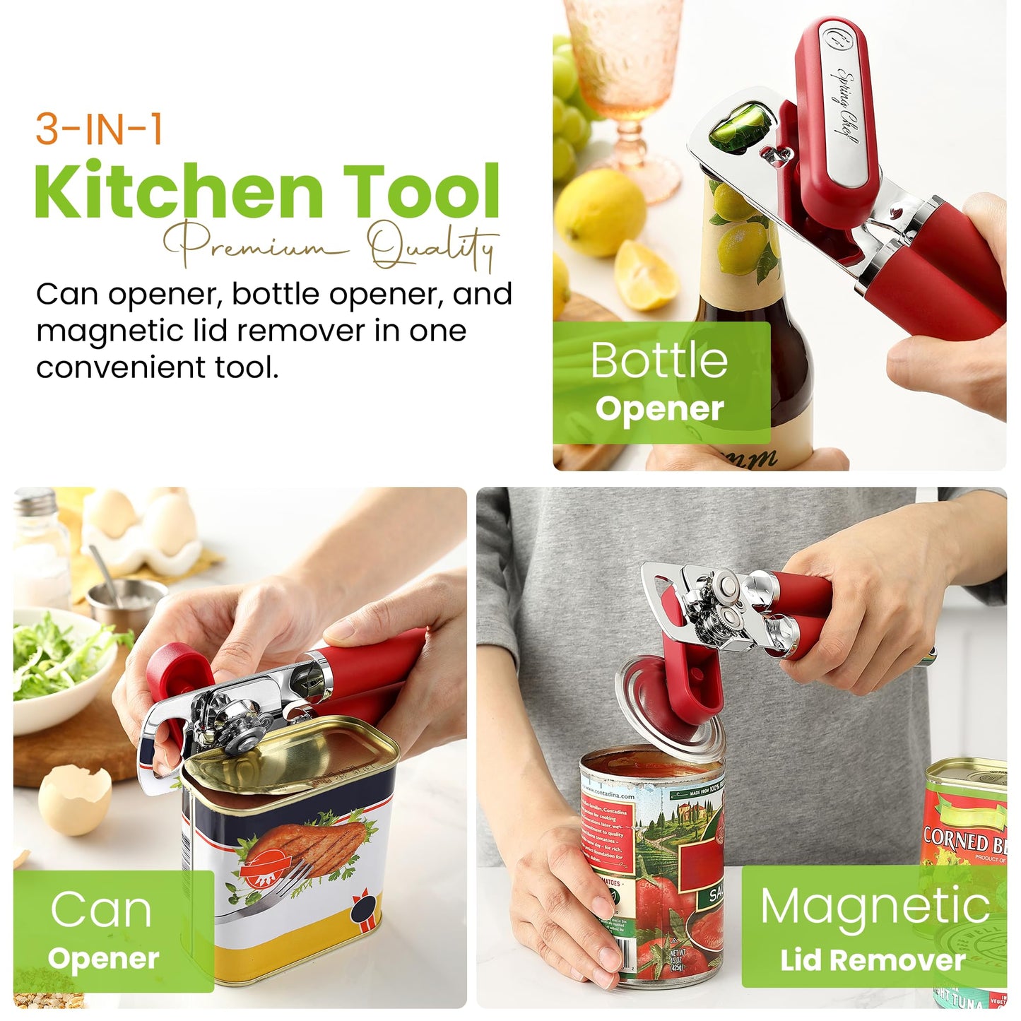 Spring Chef Stainless Steel Can Opener - Manual with Soft Grip Handles, Easy Turn, Heavy Duty Hand Can Opener for Seniors with Smooth Edge - Red