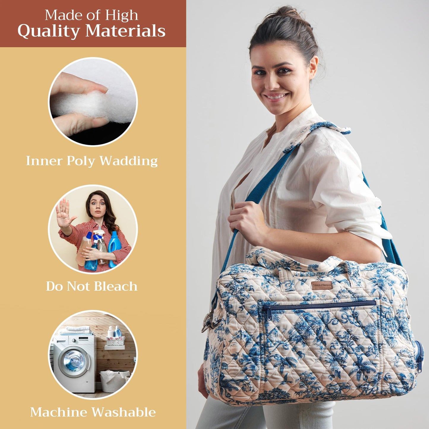 Maison d' Hermine Weekend Duffel Bags for Women Cotton Quilted Overnight Luggage Weekend Bag for Men Gym Sports Gifts Travel Business Travellers Trip Mothers Day Gifts -Bonobo - Blue