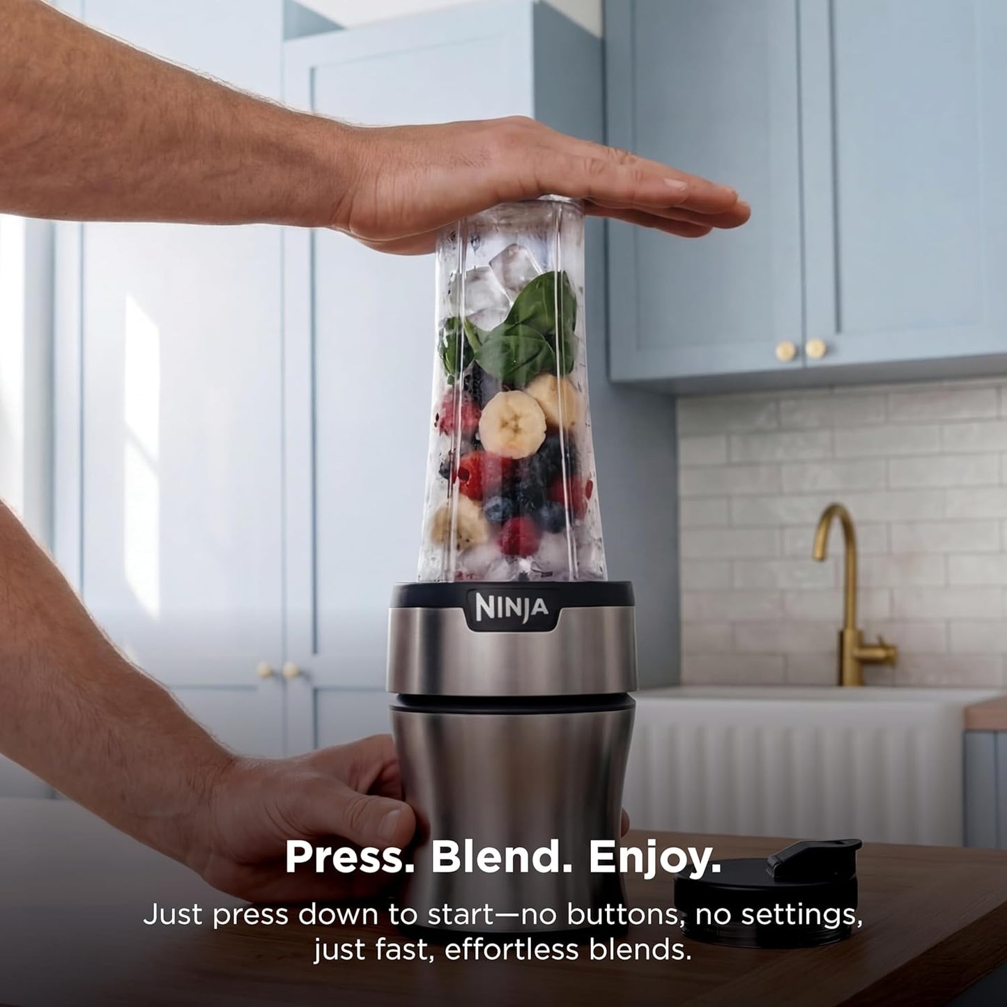 Ninja Nutri-Plus Personal Blender - Compact Push-To-Blend for Smoothies & Sauces | 3 To-Go Cups & Lids | 900W | Silver