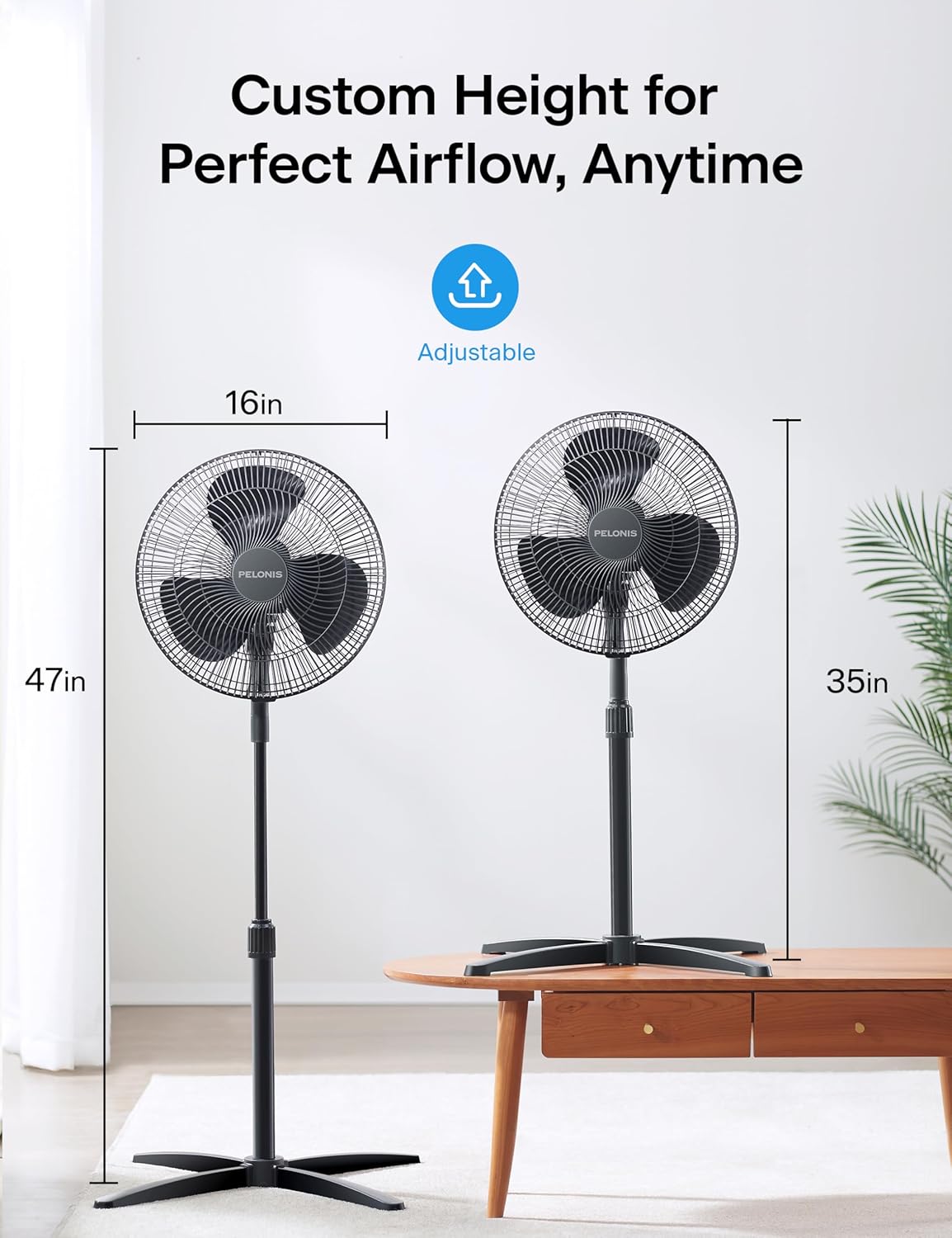 Pelonis 16-Inch Oscillating Pedestal Fan - 3 Speeds, 90° Oscillation, Adjustable Height - Black