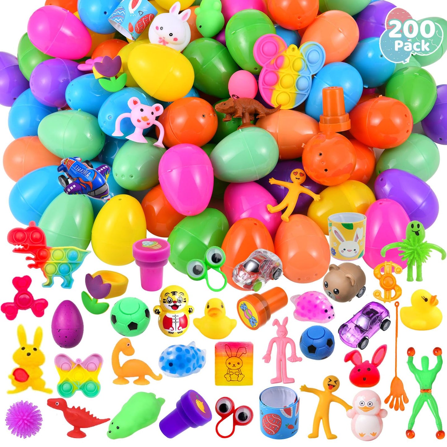 Cherislpy 200 Pack Prefilled Easter Eggs with Mini Novelty Squishy Fidget Toys Inside Assorted Toys Great for Kids Girls Boys Easter Party Favors Basket Stuffers Eggs Fillers
