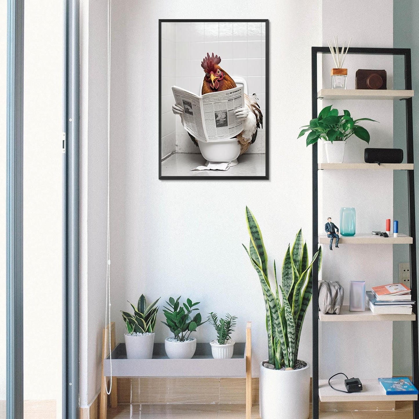 KOEUIRW Funny Chicken Bathroom Canvas Wall Art Cute Chicken In Toilet Posters Black and White Animal Prints Painting Maximalist Mid Century Modern Aesthetic Wall Decor for 16x24in Framed