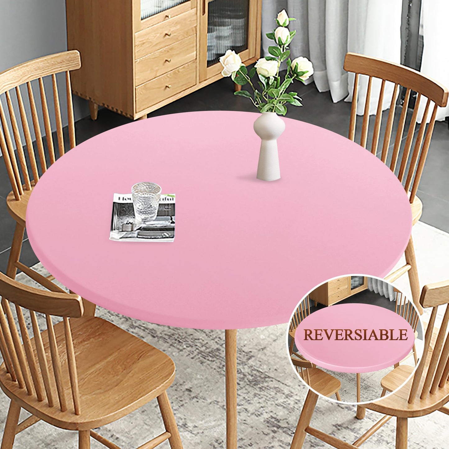 Obstal Fitted Round Table Cloth, Reversible Waterproof Stain Resistant Elastic Stretch Tablecloth, Wipe Clean Table Cover for Outdoor/Indoor Use, Fits Round Tables up to 48" - 56" Diameter, Baby Pink