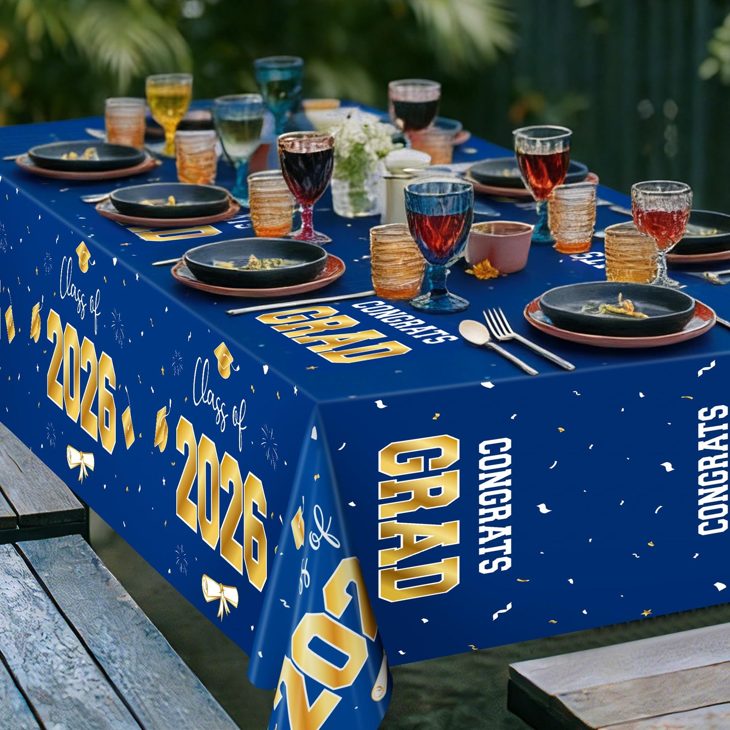 QZYL 4 Pack Graduation Decorations 2026, 54" x 108" Blue and Gold Disposable Graduation Table Cloths, Grad Party Decorations for Class of 2026, Rectangle Plastic Tablecloth for College Congrats Grad