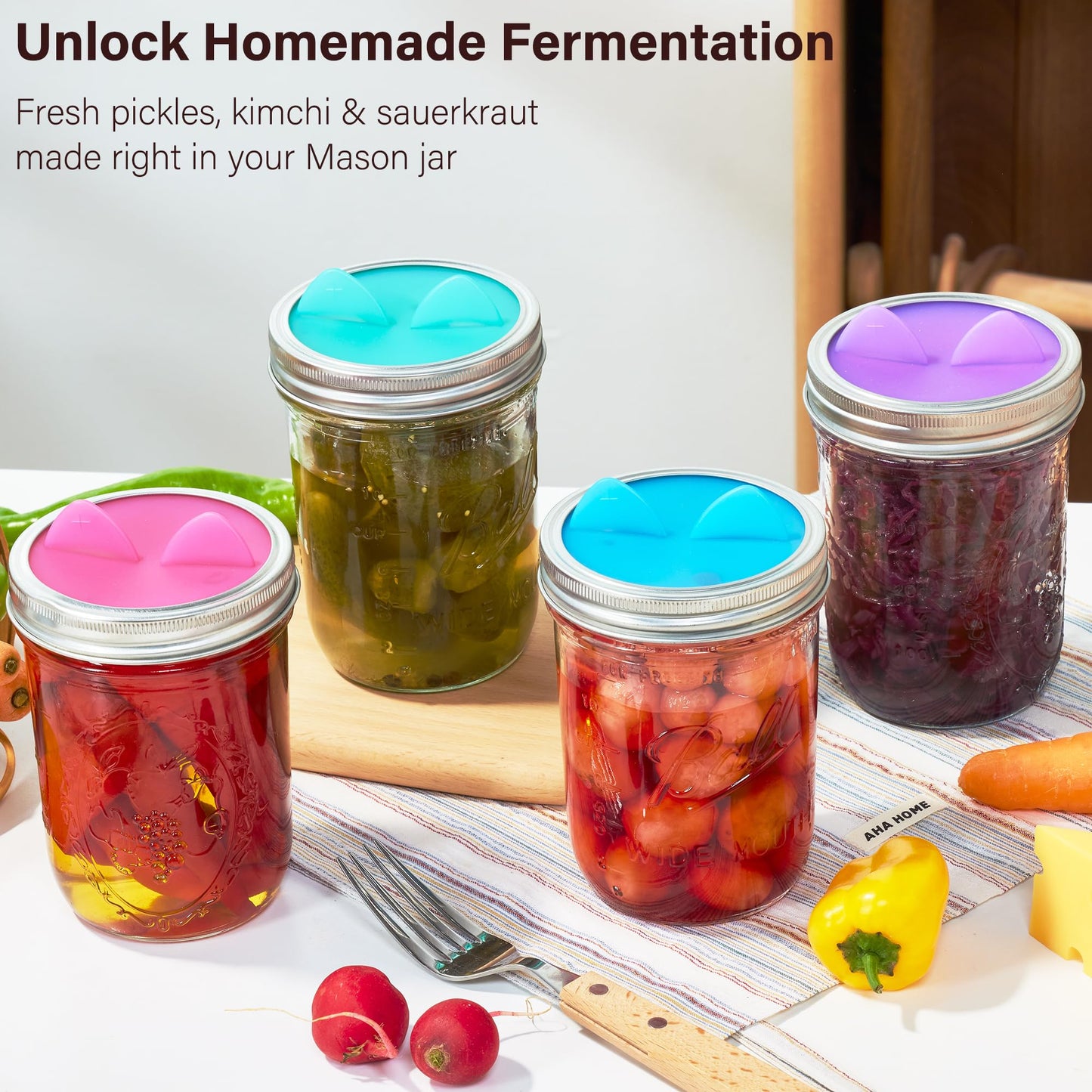 Wingcases Fermentation Lids Silicone Waterless Airlock, Suitable for Wide Mouth Mason Jars - For Making Pickled and Fermented Probiotic Foods, 4 Pack, Translucent Colors