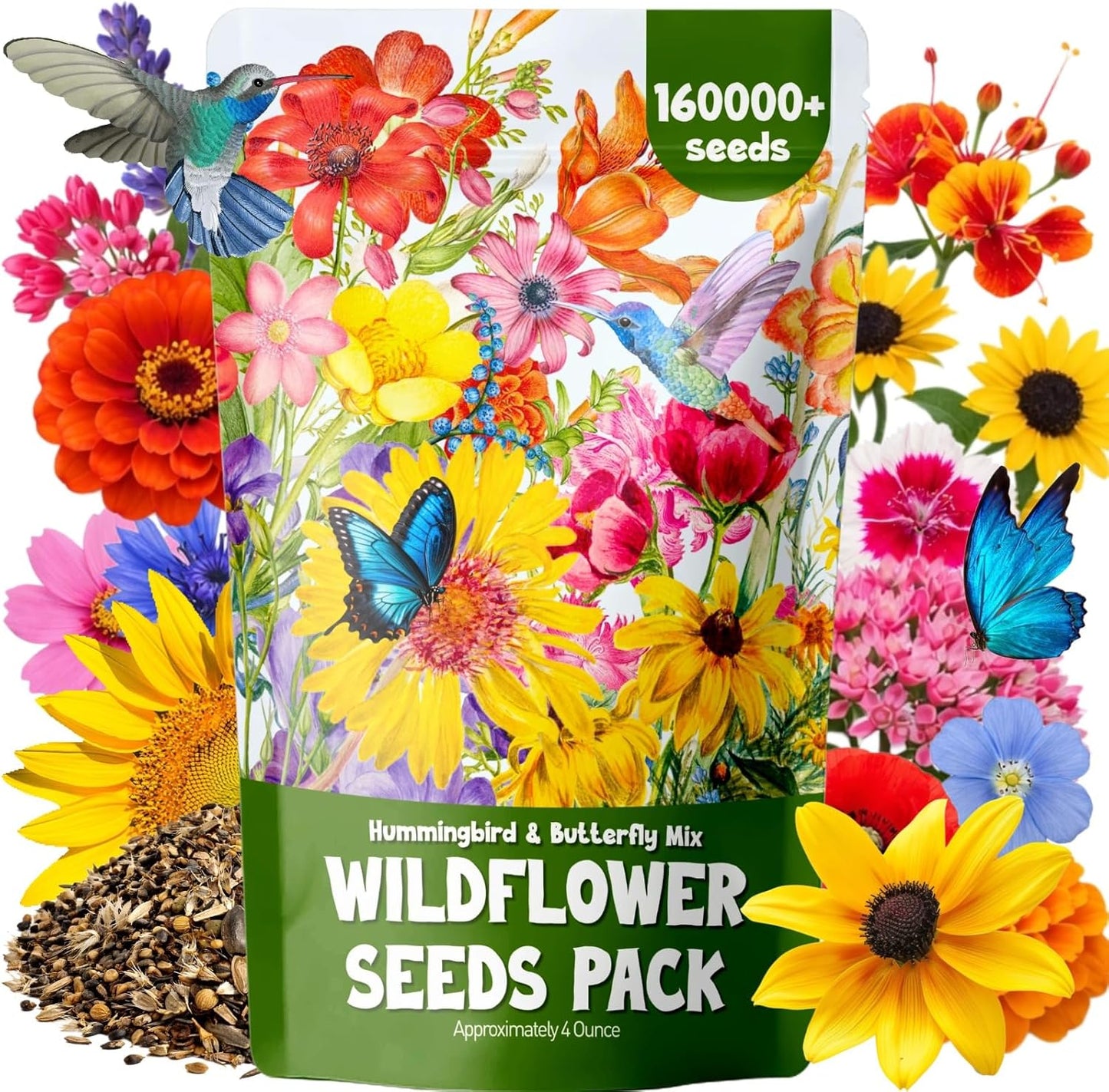 Wildflower Seeds by 160000+ | 4oz Assortment of Sunflower, Lavender, Zinnia & More - Attracts Bees & Butterflies, Easy to Grow