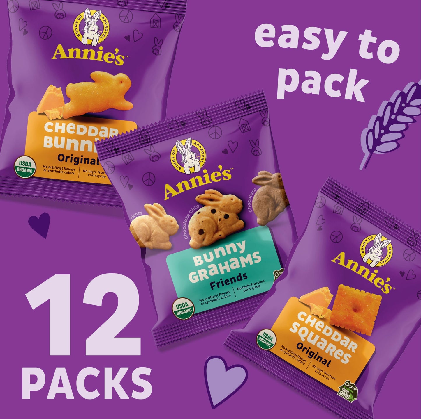 Annie's Organic Variety Pack, Cheddar Bunnies, Bunny Grahams and Cheddar Squares, 12 Pouches, 11 oz