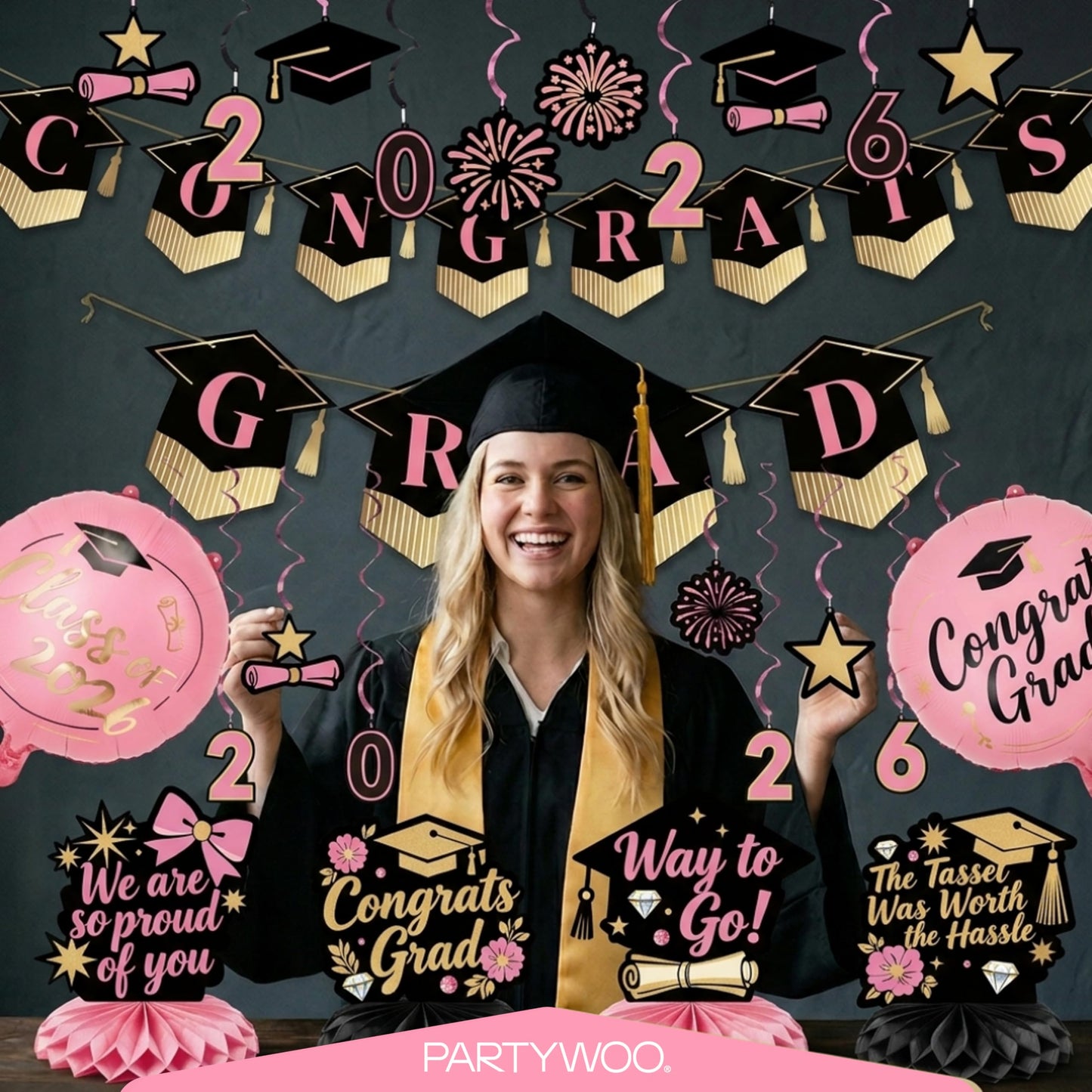 PartyWoo Class of 2026 Black Pink Gold Graduation Banner Decorations 2pcs Black Pink Gold 2026 Hanging Congrats Grad Party Banner Supplies for Middle High School College Graduation Party Decorations