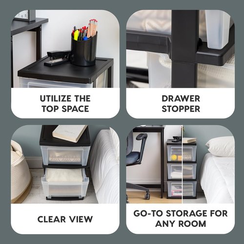 IRIS USA Plastic Drawer Organizer - 3-Drawer Storage Solution for Art Supplies & More | Black/Clear, 2-Pack