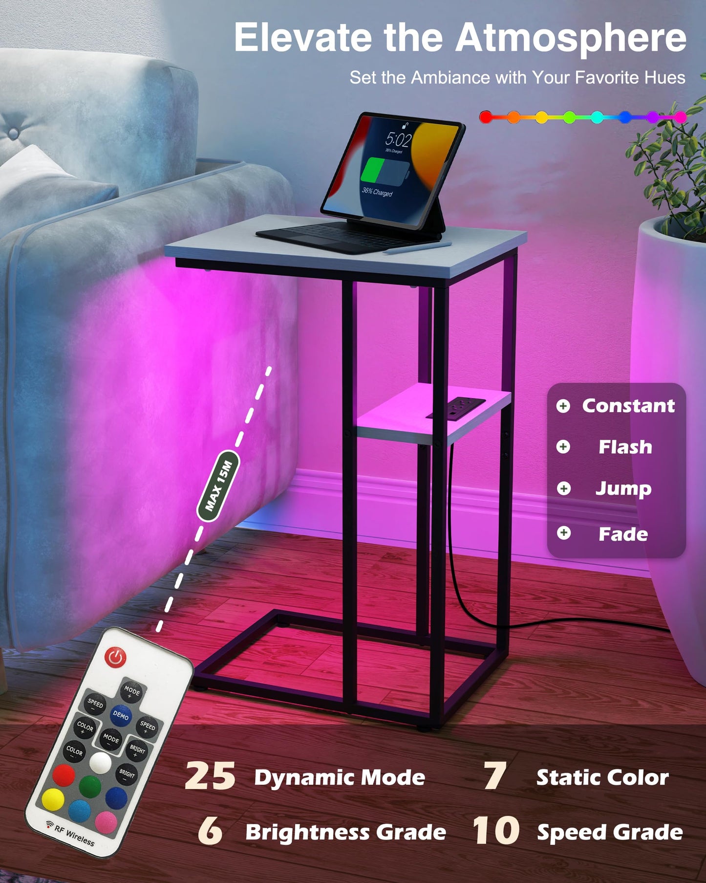Innerjoin Side Table with Charging Station Set of 2, C Shaped End Table with LED Light Strip, Fast Charge Type C & USB Ports, Small Sofa Snack Laptop Side Table for Living Room Bedroom, Rustic Brown