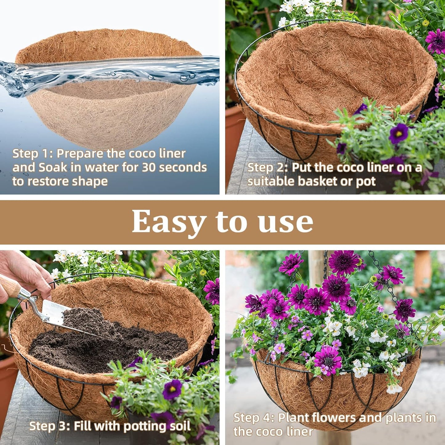 Legigo 16-Inch Coco Fiber Hanging Basket Liners - 4 Pack of 100% Natural Round Planter Inserts