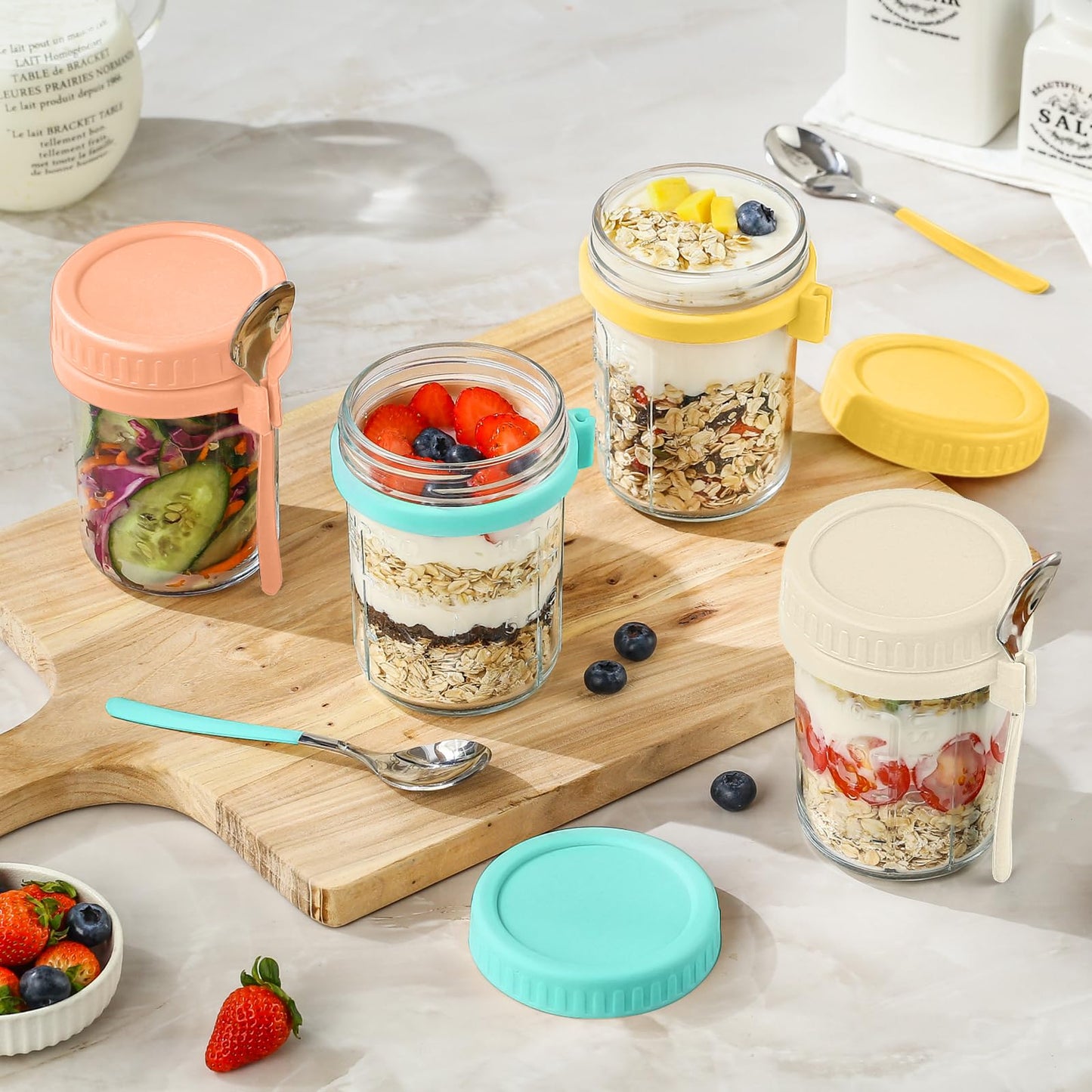 DRKIO 6 Pack Overnight Oats Containers with Lids and Spoons 16 Oz Glass Mason Jars for Overnight Oats Leak Proof Oatmeal Container Great for Cereal Fruit Vegetable Milk Salad Yogurt Meal Prep