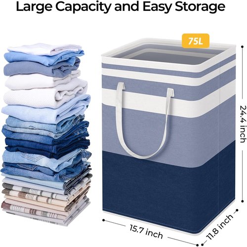 HomeHacks Large Waterproof Laundry Basket - 75L Collapsible Hamper with Extended Handles for Clothes & Toys (Blue)