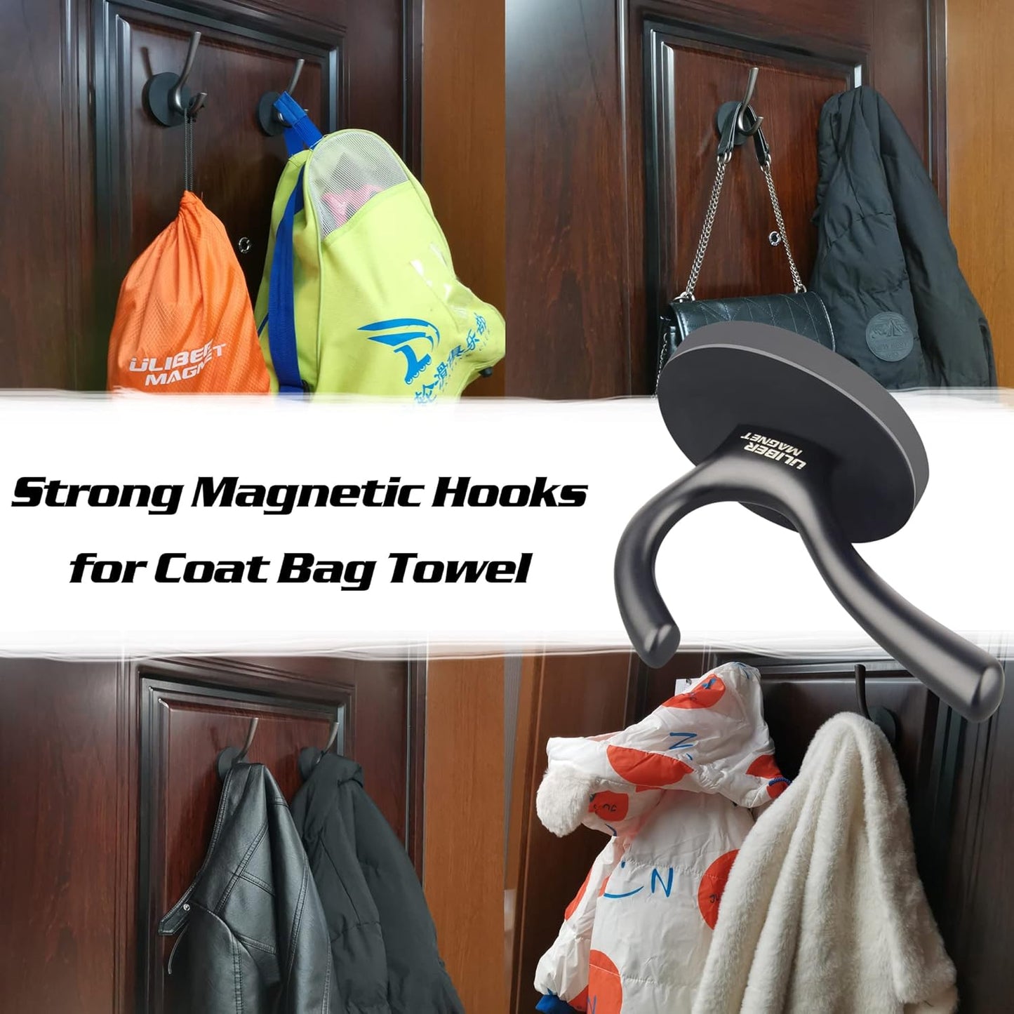ULIBERMAGNET Heavy-Duty Magnetic Double Hooks - Sturdy Rubber Coated Coat & Towel Holders (Black, 2 Pack)