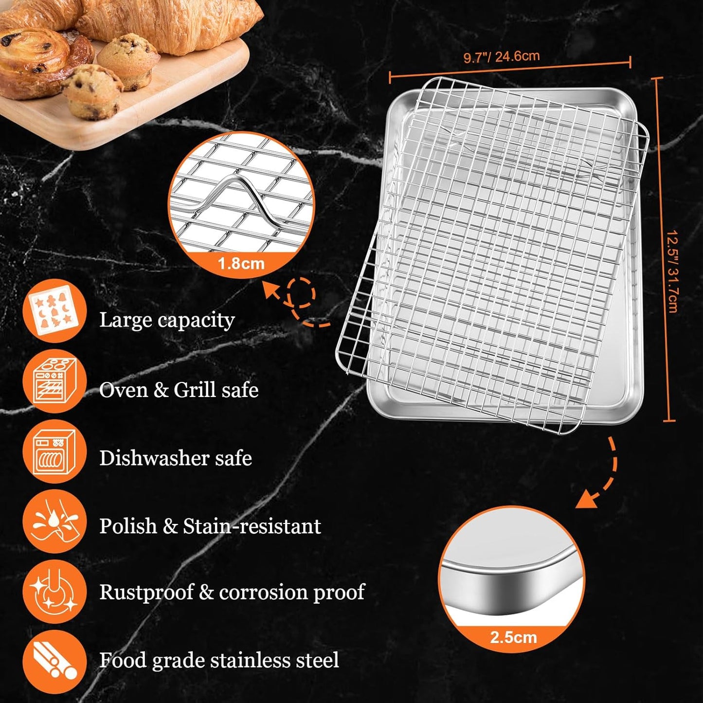 Leonyo Quarter Sheet Pan Set - Nonstick Baking Tray with Cooling Rack | 12.5" x 9.7", 2 Trays + 2 Racks