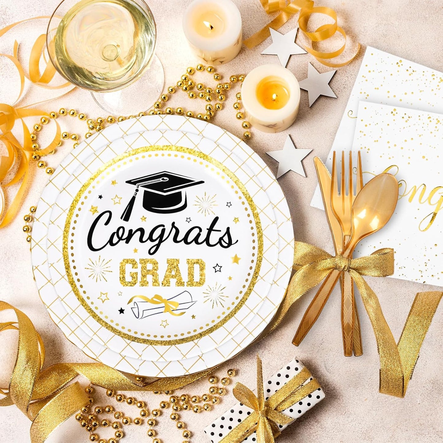 Whaline Graduation Party Supplies Set - 175 Pcs Disposable Tableware for 25 Guests | Gold Congrats Grad Plates, Napkins & Cutlery